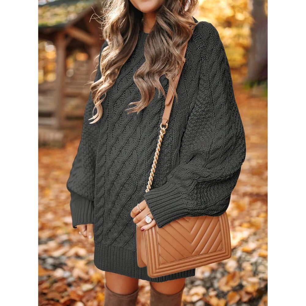 Women Oversized Cable Knit Sweater Grey Chunky Long Sleeve Fall Winter Outfit - Picture 3 of 7